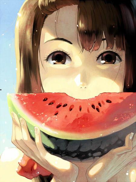 少女吃瓜动漫图片,动漫美食之旅